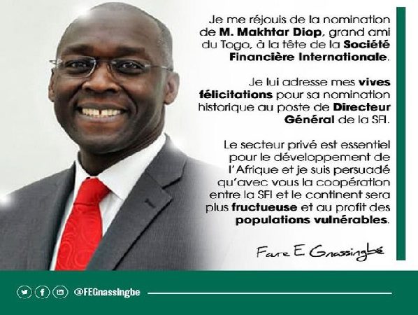 Banque mondiale : Le Togo salue la nomination du Sénégalais Makhtar Diop à la tête de la SFI