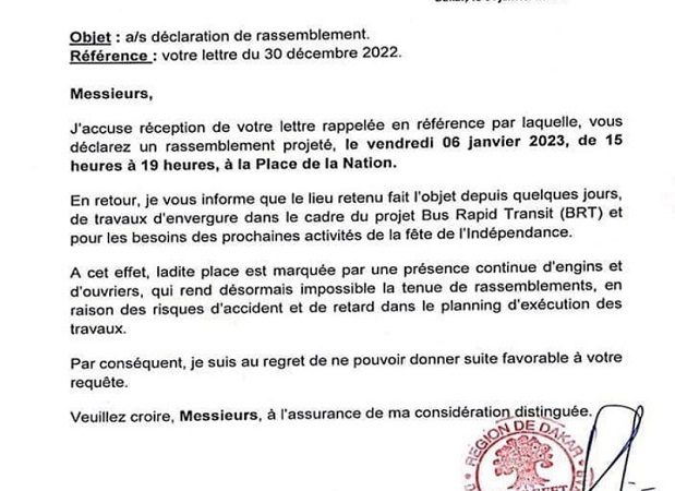 Mobilisation prévue ce 06 janvier : Le préfet de Dakar interdit le rassemblement de l’opposition
