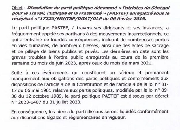 Politique-Une première au Sénégal ?:  Le Ministre de l’Intérieur dissout le Pastef