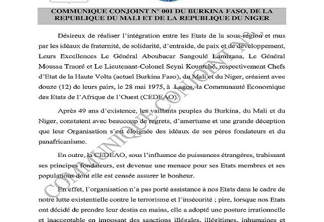 Relations diplomatiques en Afrique de l’Ouest : le Burkina Faso, le Mali et le Niger quittent la CEDEAO